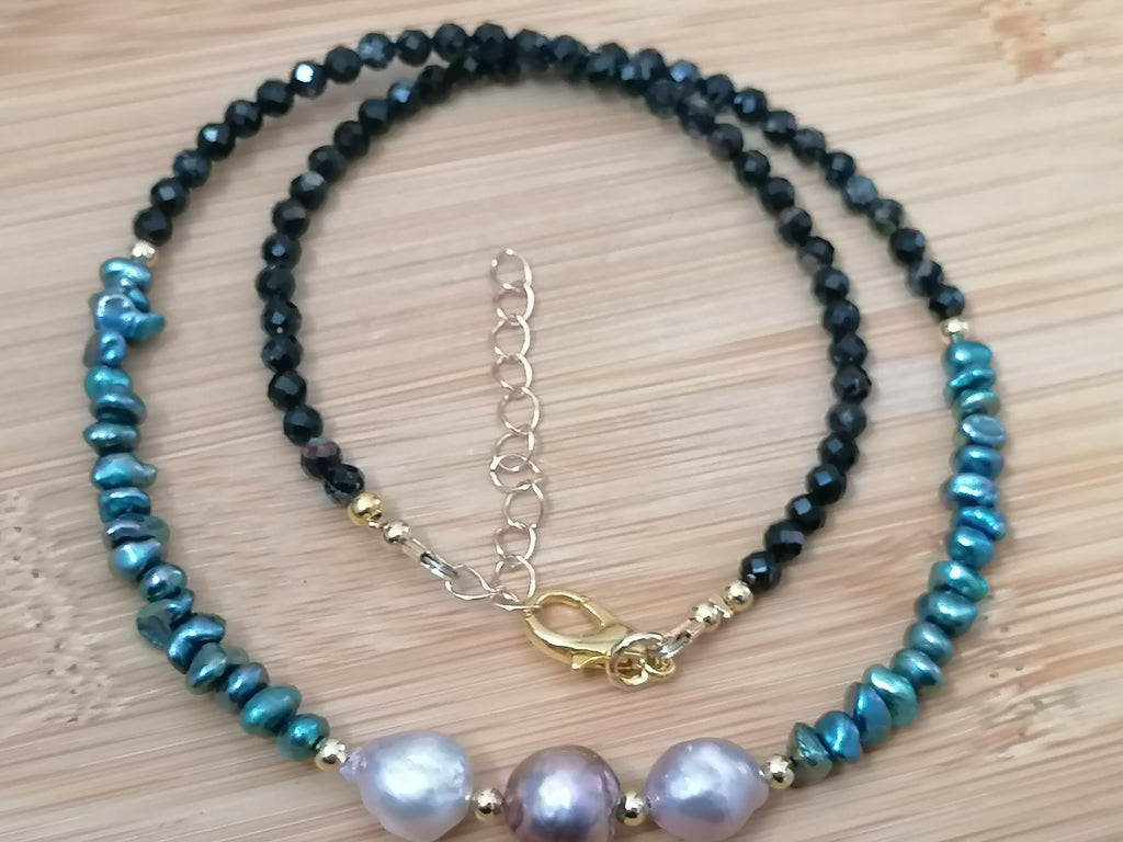 Cultured Freshwater Baroque Pearl, Keshi Pearl & Black Tourmaline Necklace