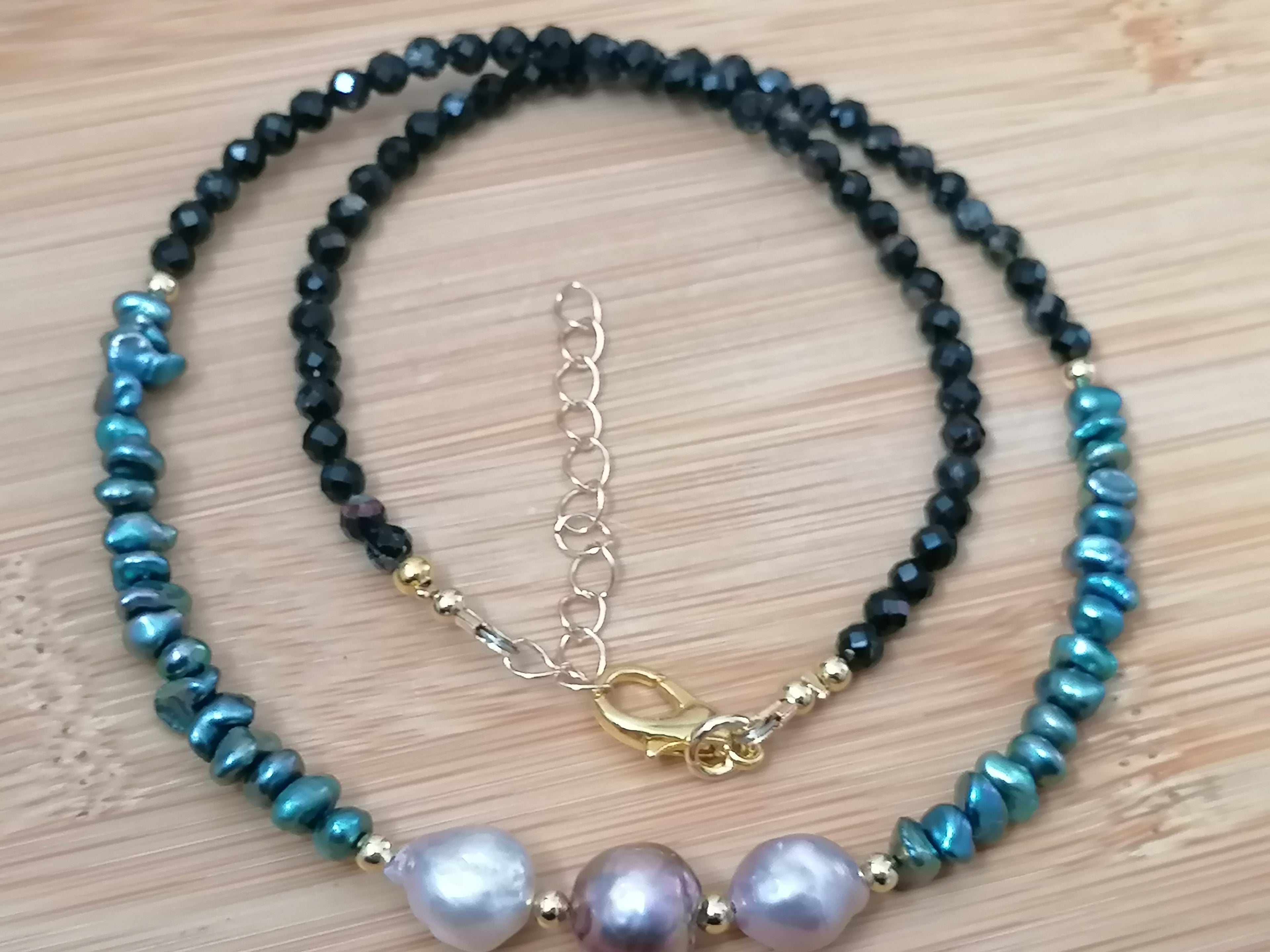 Cultured Freshwater Baroque Pearl, Keshi Pearl & Black Tourmaline Necklace