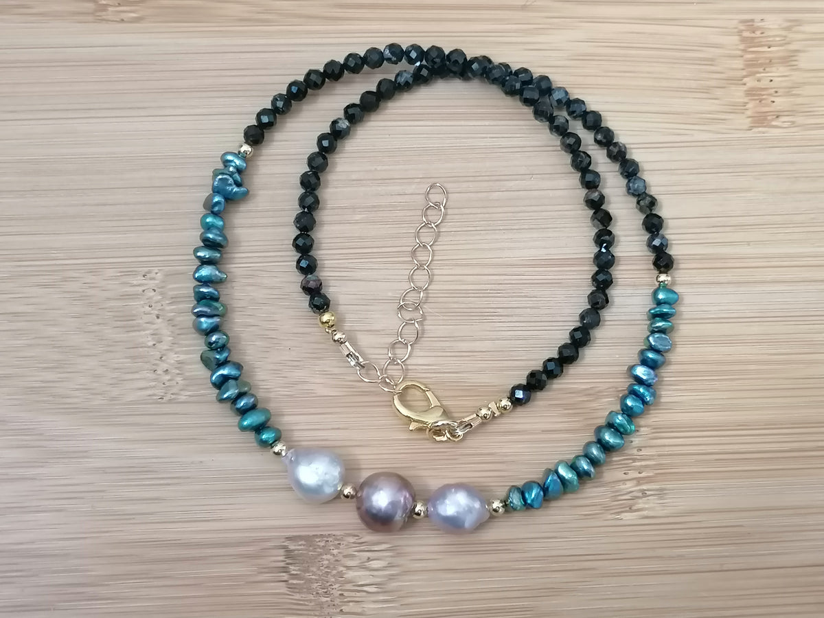 Cultured Freshwater Baroque Pearl, Keshi Pearl & Black Tourmaline Necklace