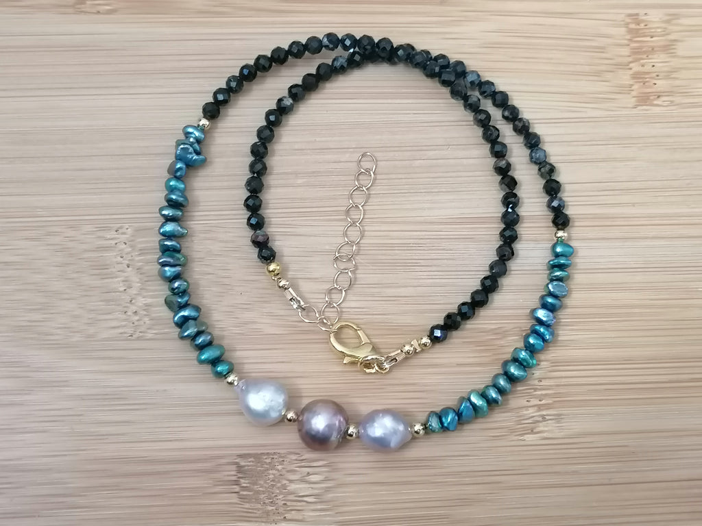 Cultured Freshwater Baroque Pearl, Keshi Pearl & Black Tourmaline Necklace