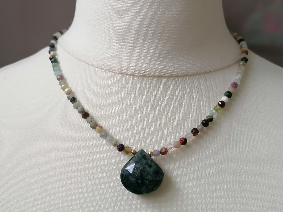 Semi-Precious Gemstone & Zambian Emerald Teardrop Necklace