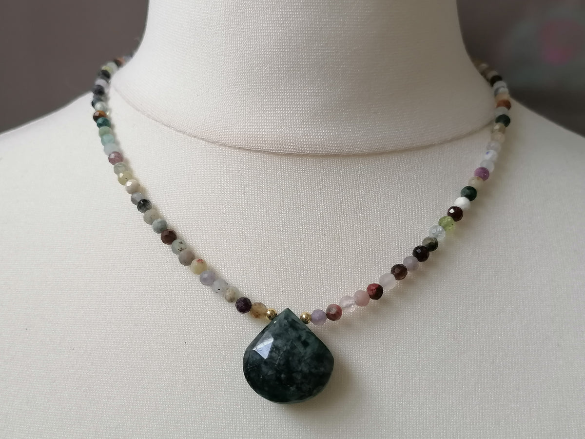 Semi-Precious Gemstone & Zambian Emerald Teardrop Necklace