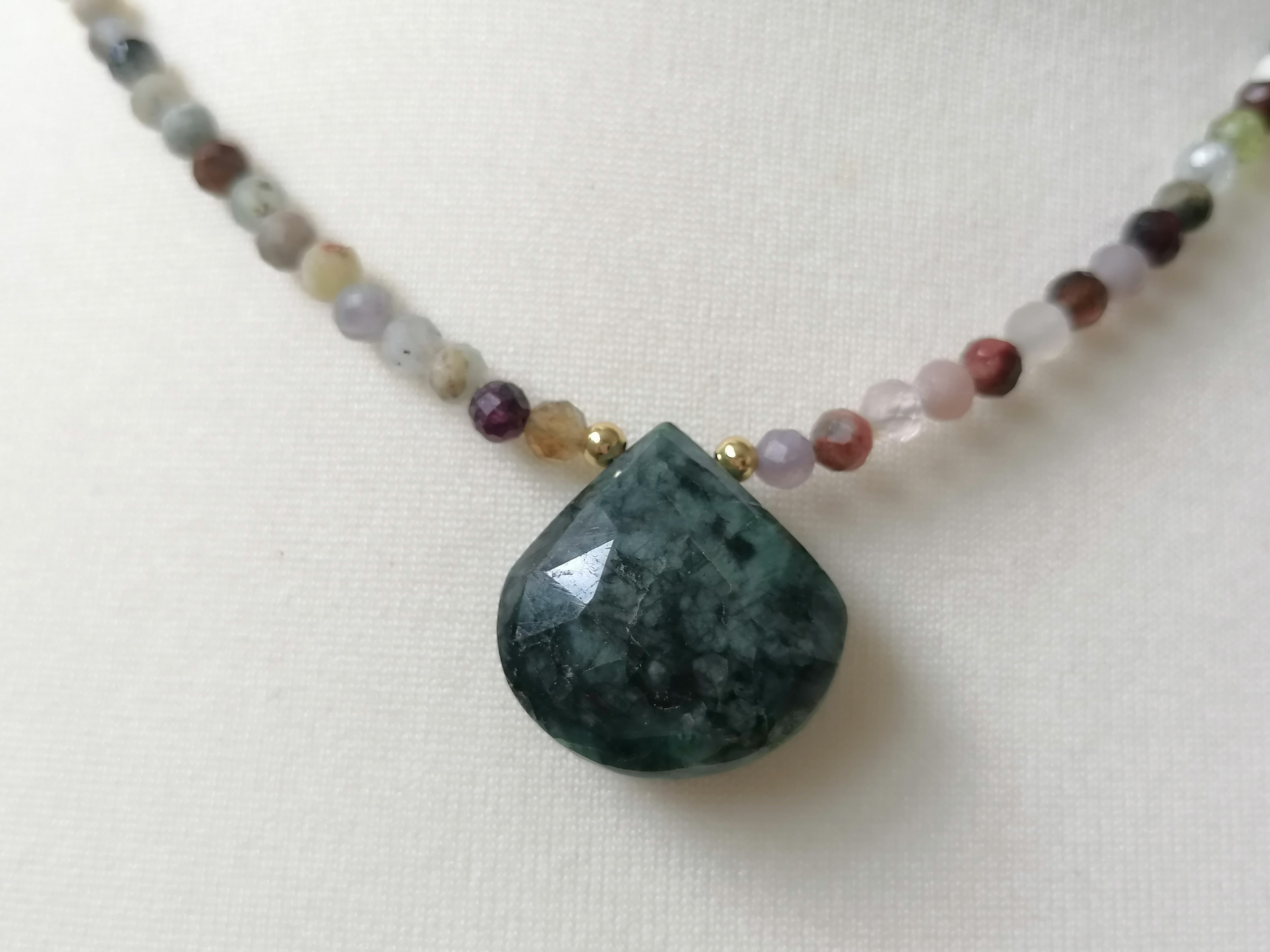 Semi-Precious Gemstone & Zambian Emerald Teardrop Necklace