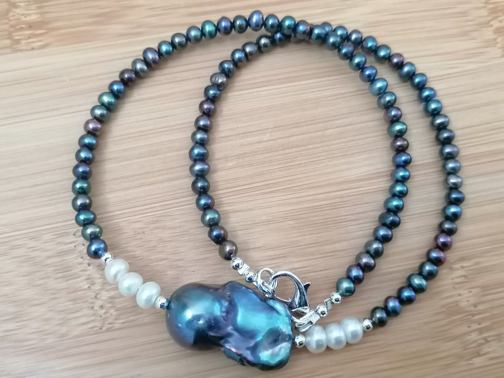 Cultured Freshwater Baroque Pearl & Peacock Fireball Pearl Necklace