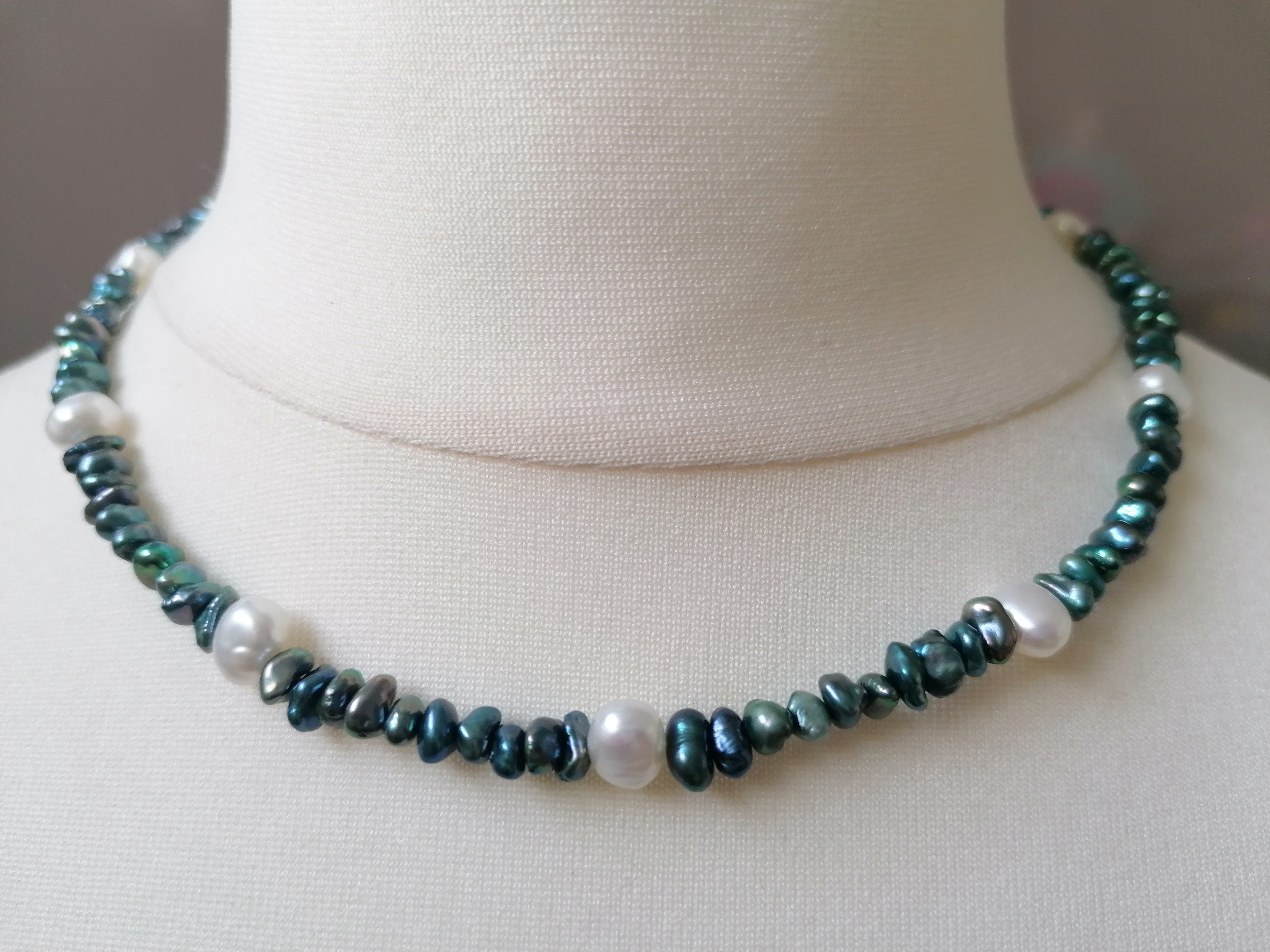 Cultured Freshwater Teal Keshi Pearl & White Baroque Pearl Necklace