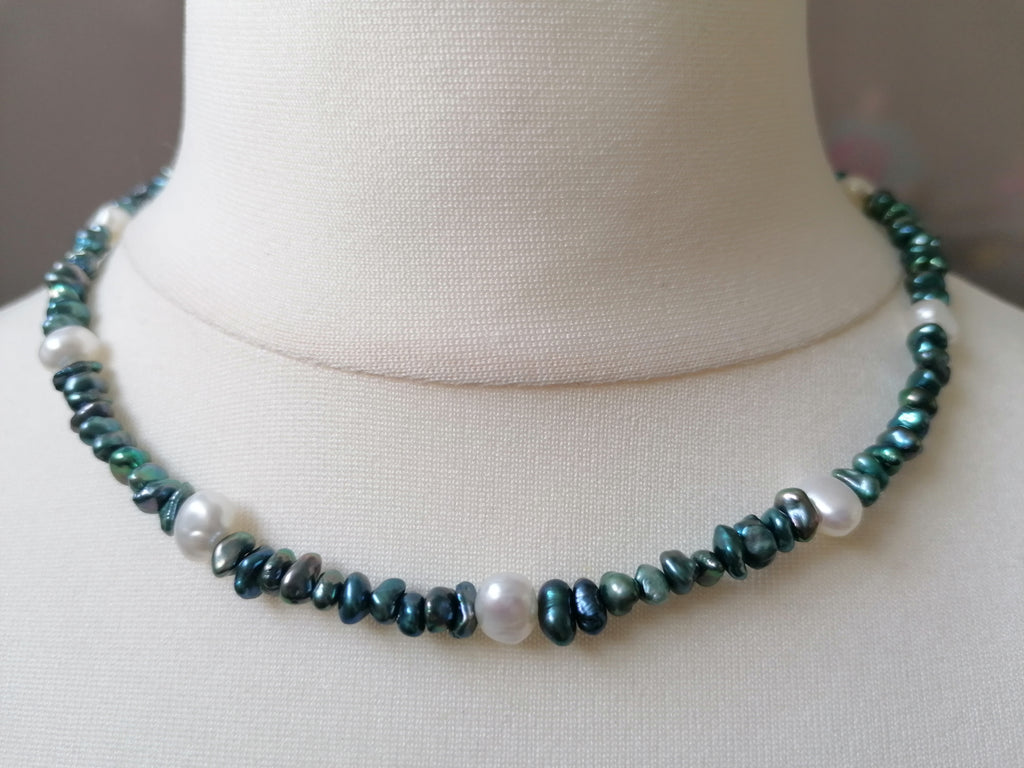 Cultured Freshwater Teal Keshi Pearl & White Baroque Pearl Necklace