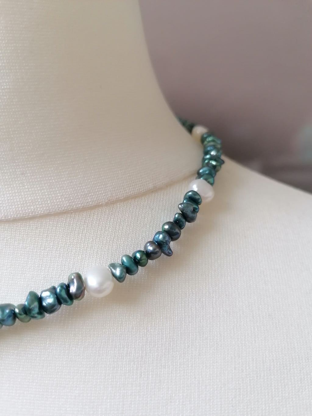 Cultured Freshwater Teal Keshi Pearl & White Baroque Pearl Necklace