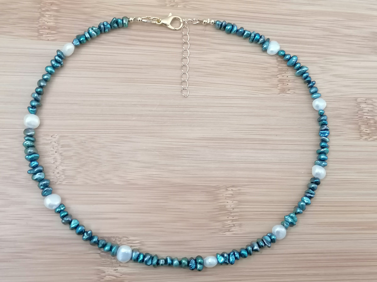 Cultured Freshwater Teal Keshi Pearl & White Baroque Pearl Necklace