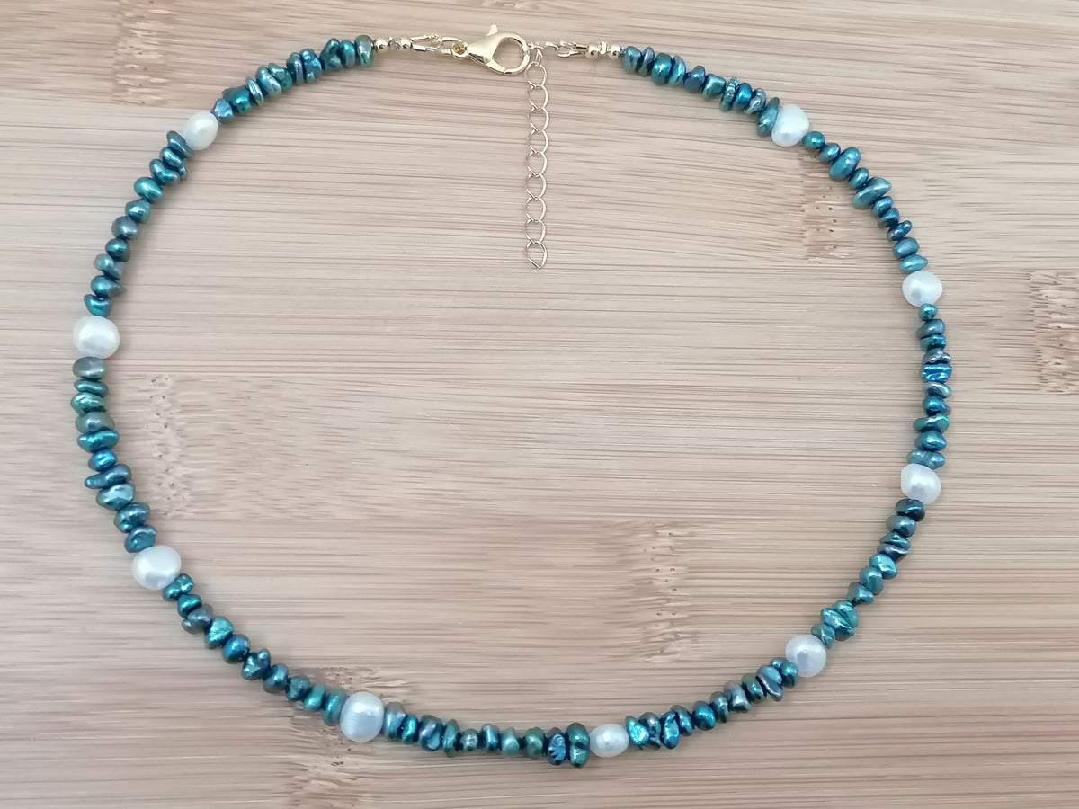 Cultured Freshwater Teal Keshi Pearl & White Baroque Pearl Necklace