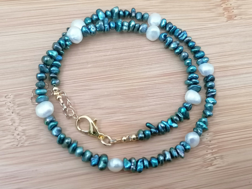 Cultured Freshwater Teal Keshi Pearl & White Baroque Pearl Necklace
