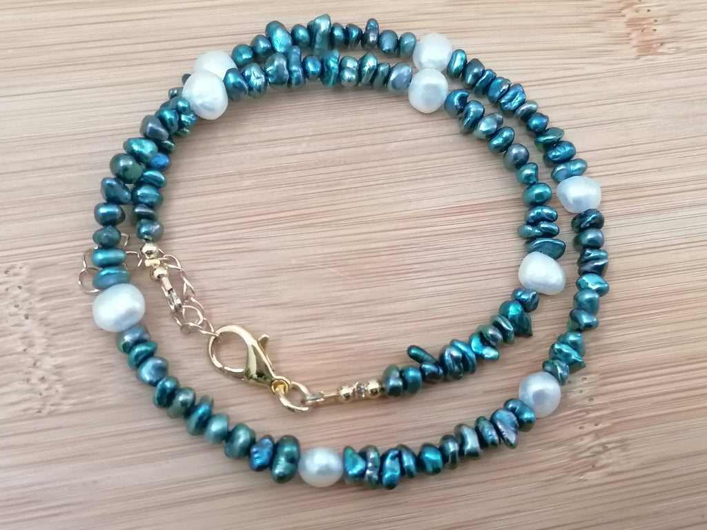 Cultured Freshwater Teal Keshi Pearl & White Baroque Pearl Necklace