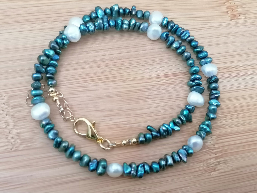 Cultured Freshwater Teal Keshi Pearl & White Baroque Pearl Necklace