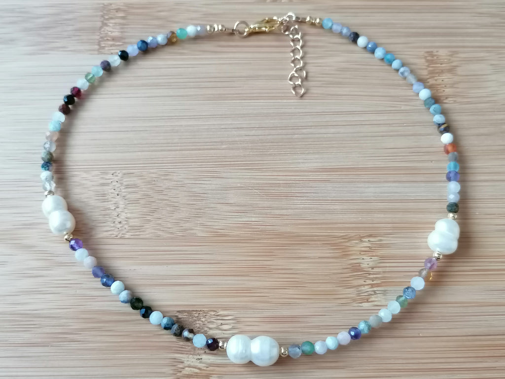Semi-Precious Gemstone Choker Necklace with Baroque Pearls