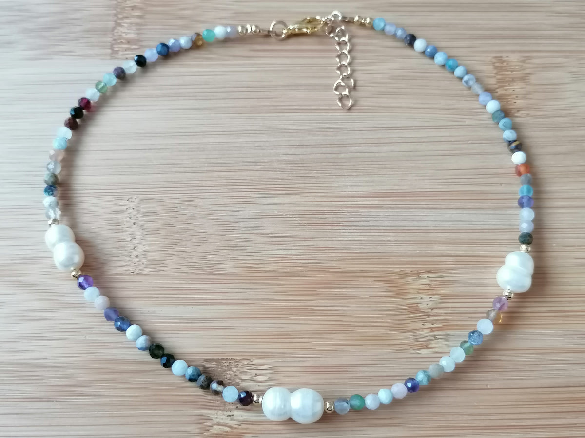 Semi-Precious Gemstone Choker Necklace with Baroque Pearls