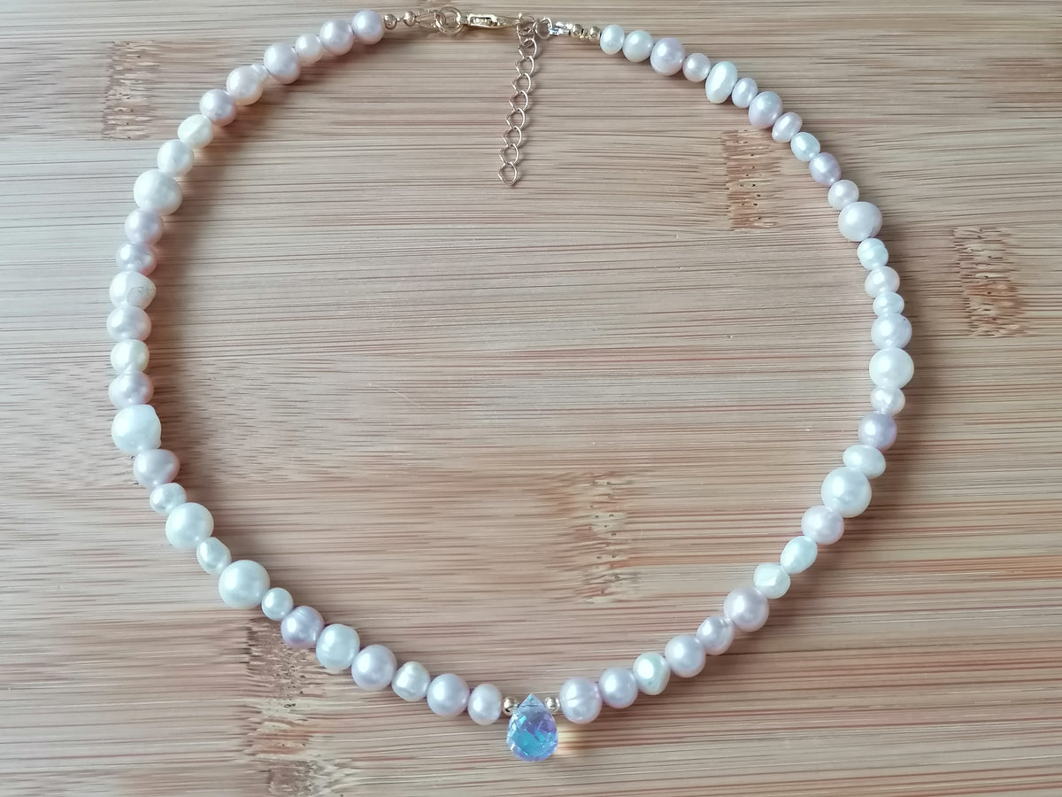 White & Pink Freshwater Baroque Pearl Necklace with AB Glass Briolette