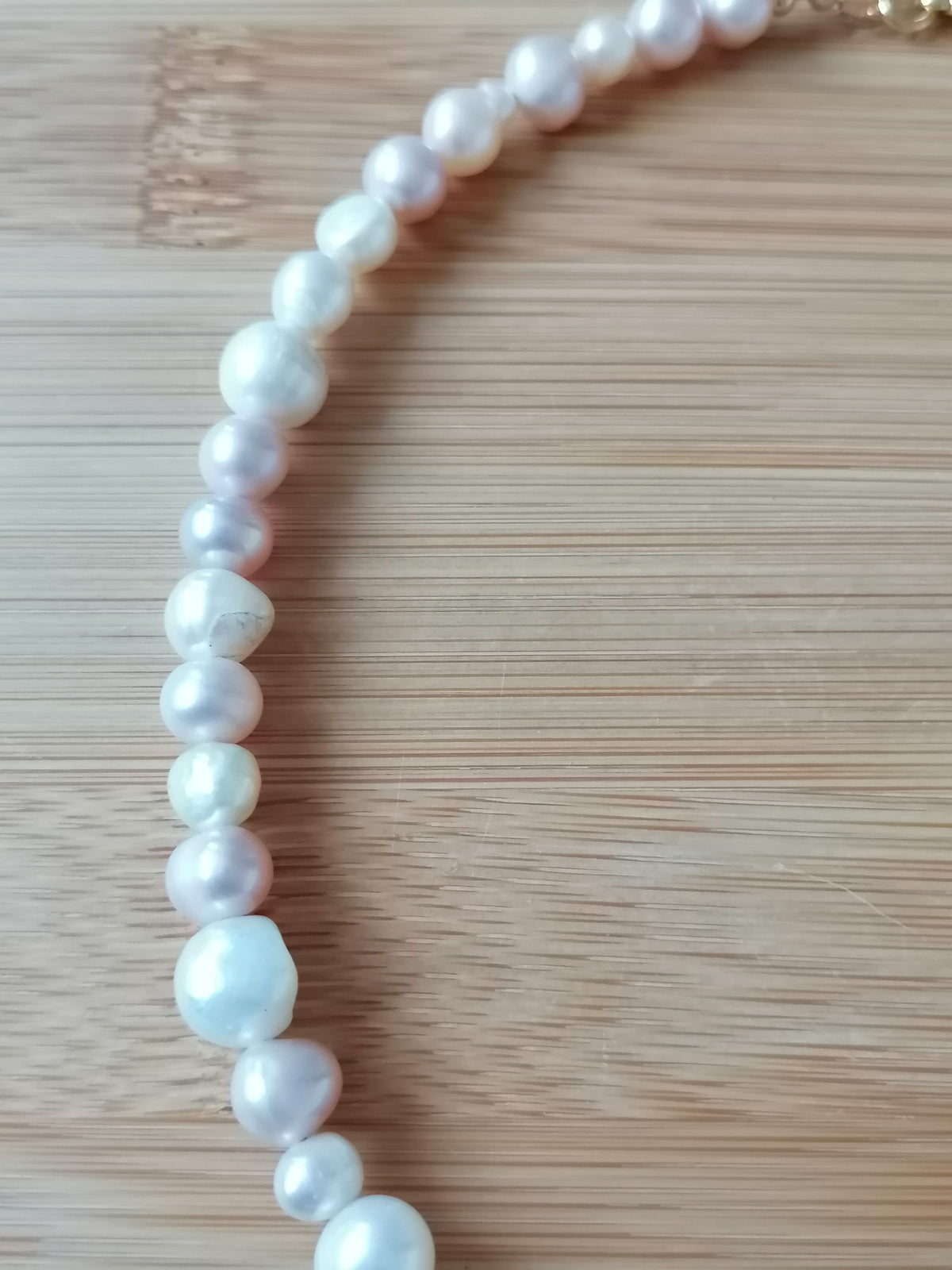White & Pink Freshwater Baroque Pearl Necklace with AB Glass Briolette