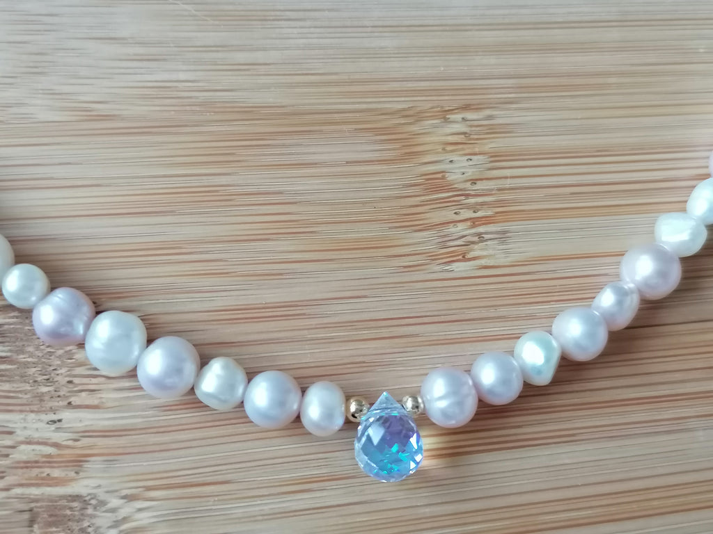White & Pink Freshwater Baroque Pearl Necklace with AB Glass Briolette
