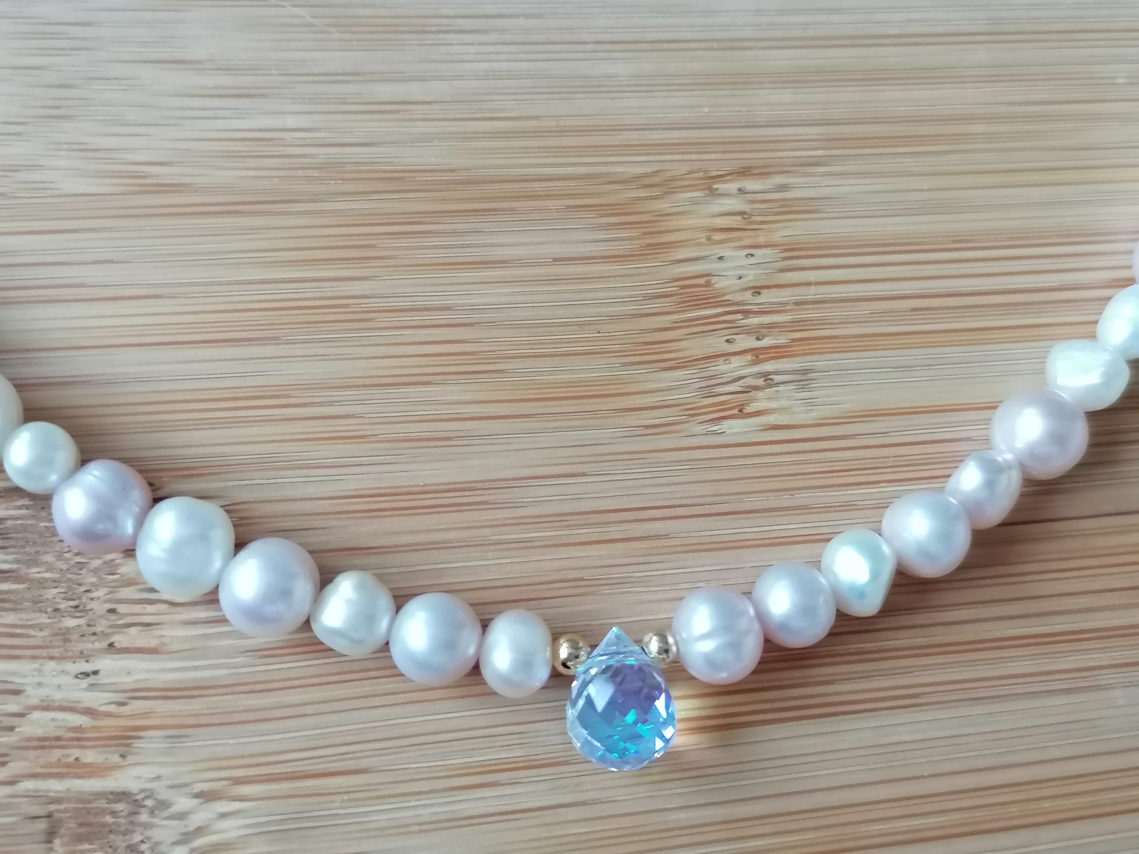 White & Pink Freshwater Baroque Pearl Necklace with AB Glass Briolette