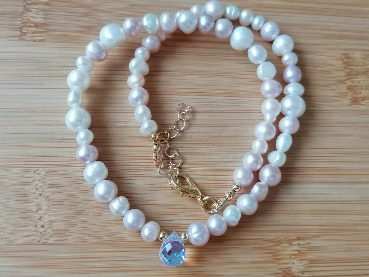 White & Pink Freshwater Baroque Pearl Necklace with AB Glass Briolette