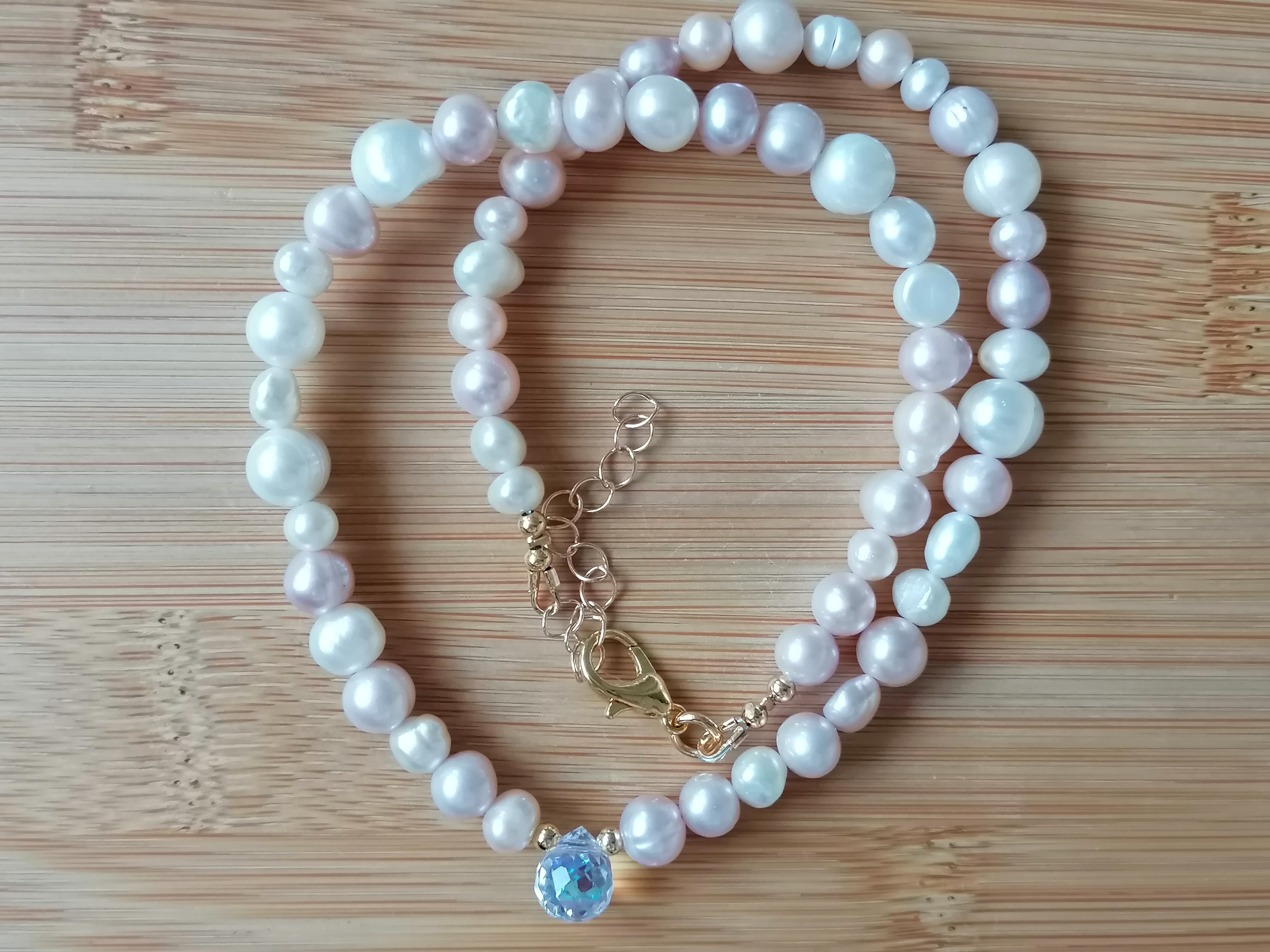 White & Pink Freshwater Baroque Pearl Necklace with AB Glass Briolette