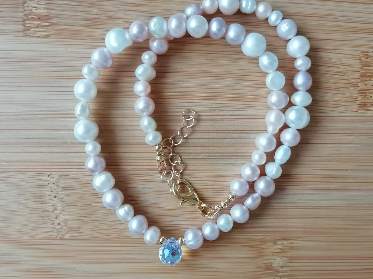 White & Pink Freshwater Baroque Pearl Necklace with AB Glass Briolette