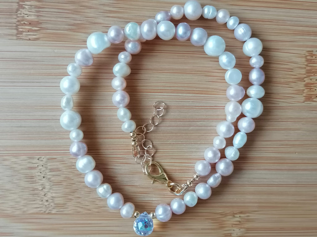 White & Pink Freshwater Baroque Pearl Necklace with AB Glass Briolette