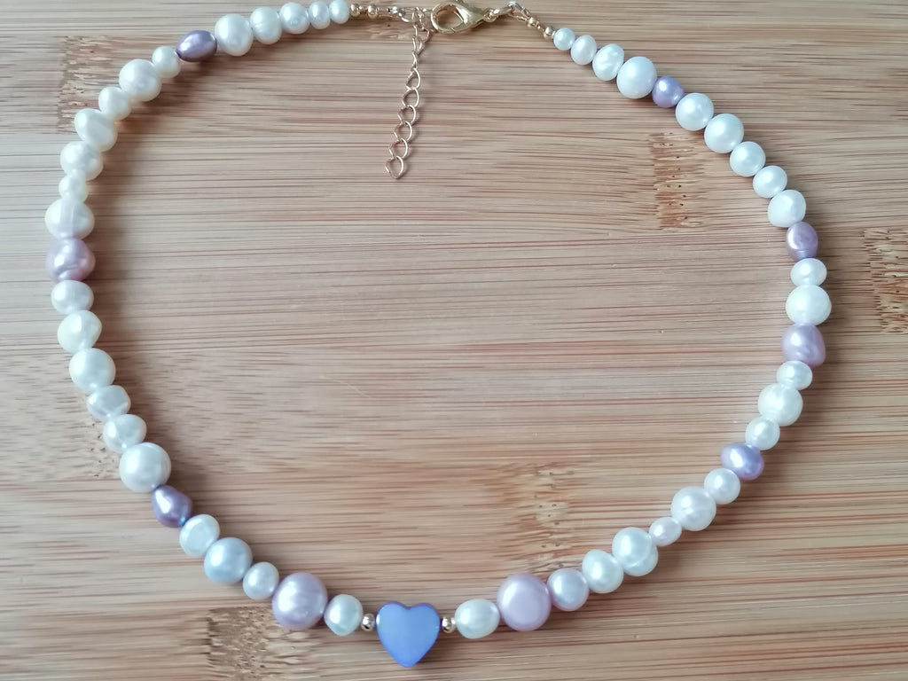 White & Lavender Freshwater Pearl Necklace with Mother of Pearl Heart