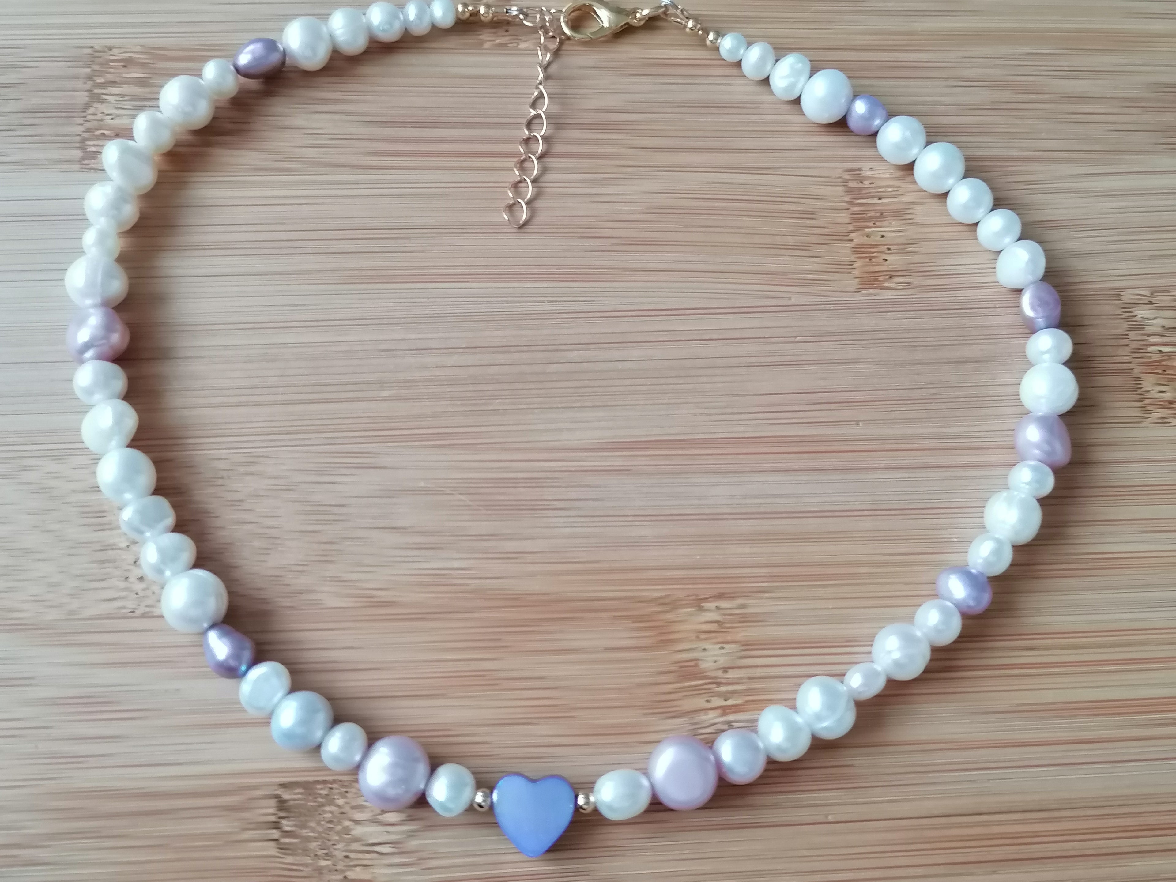 White & Lavender Freshwater Pearl Necklace with Mother of Pearl Heart