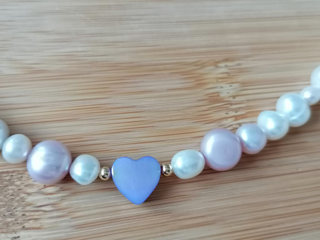 White & Lavender Freshwater Pearl Necklace with Mother of Pearl Heart