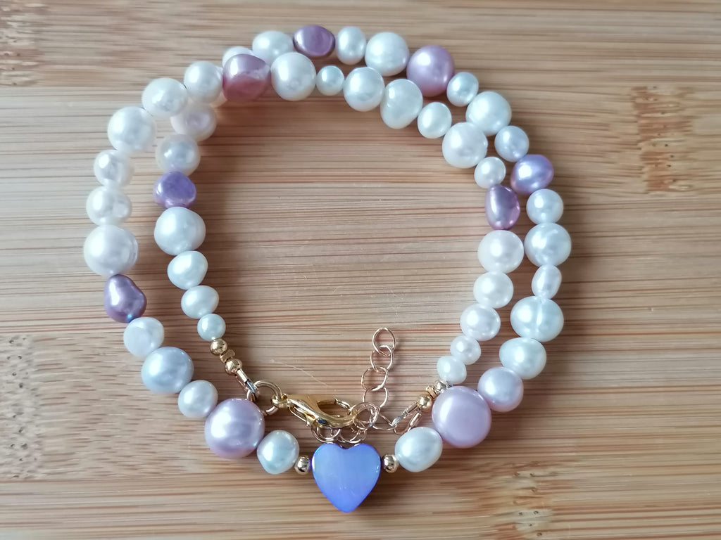 White & Lavender Freshwater Pearl Necklace with Mother of Pearl Heart