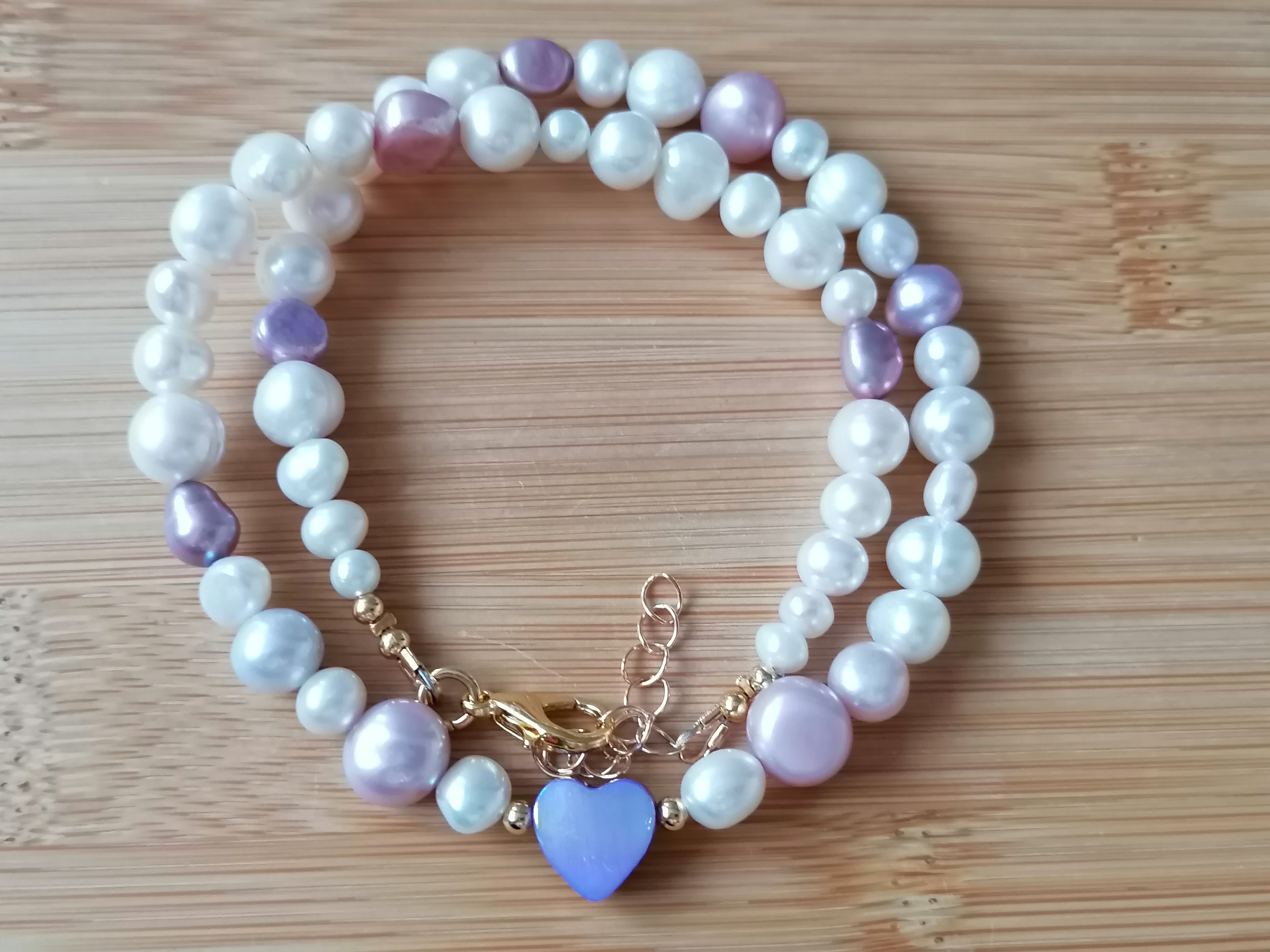 White & Lavender Freshwater Pearl Necklace with Mother of Pearl Heart