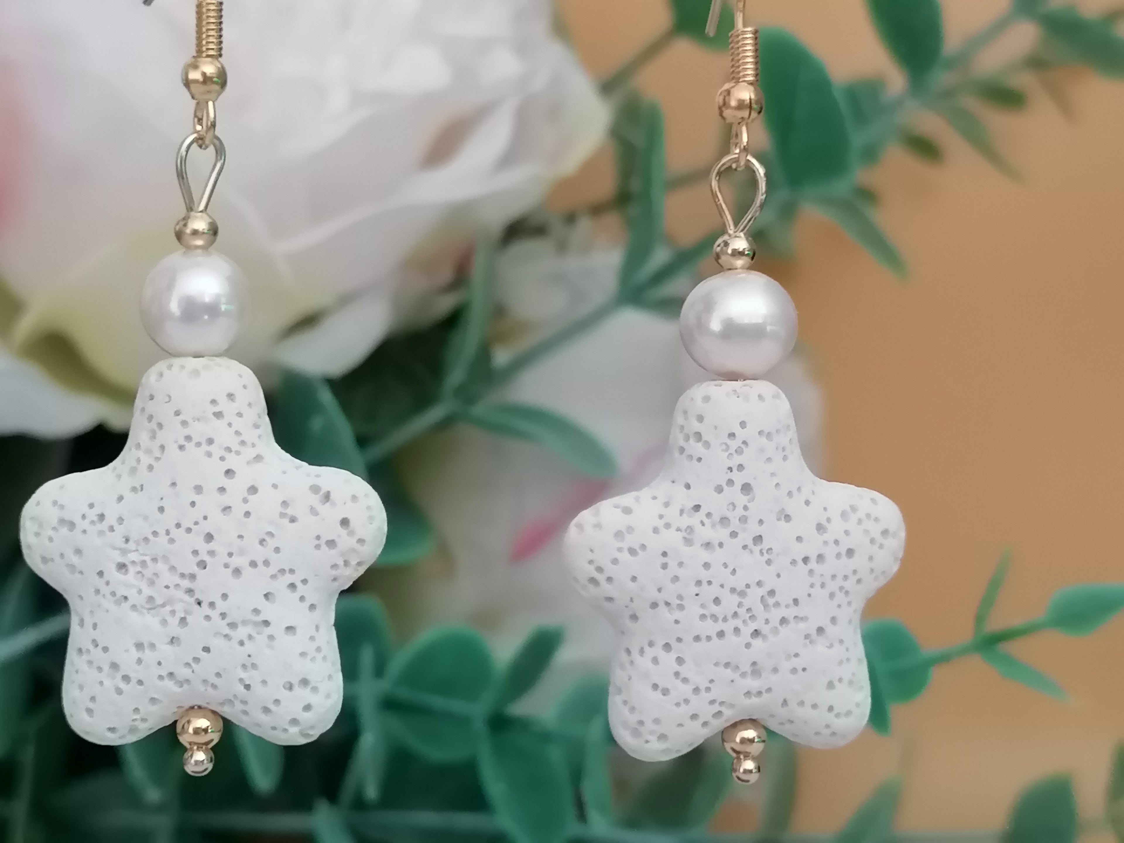 Lava Stone Starfish & Freshwater Pearl Drop Earrings