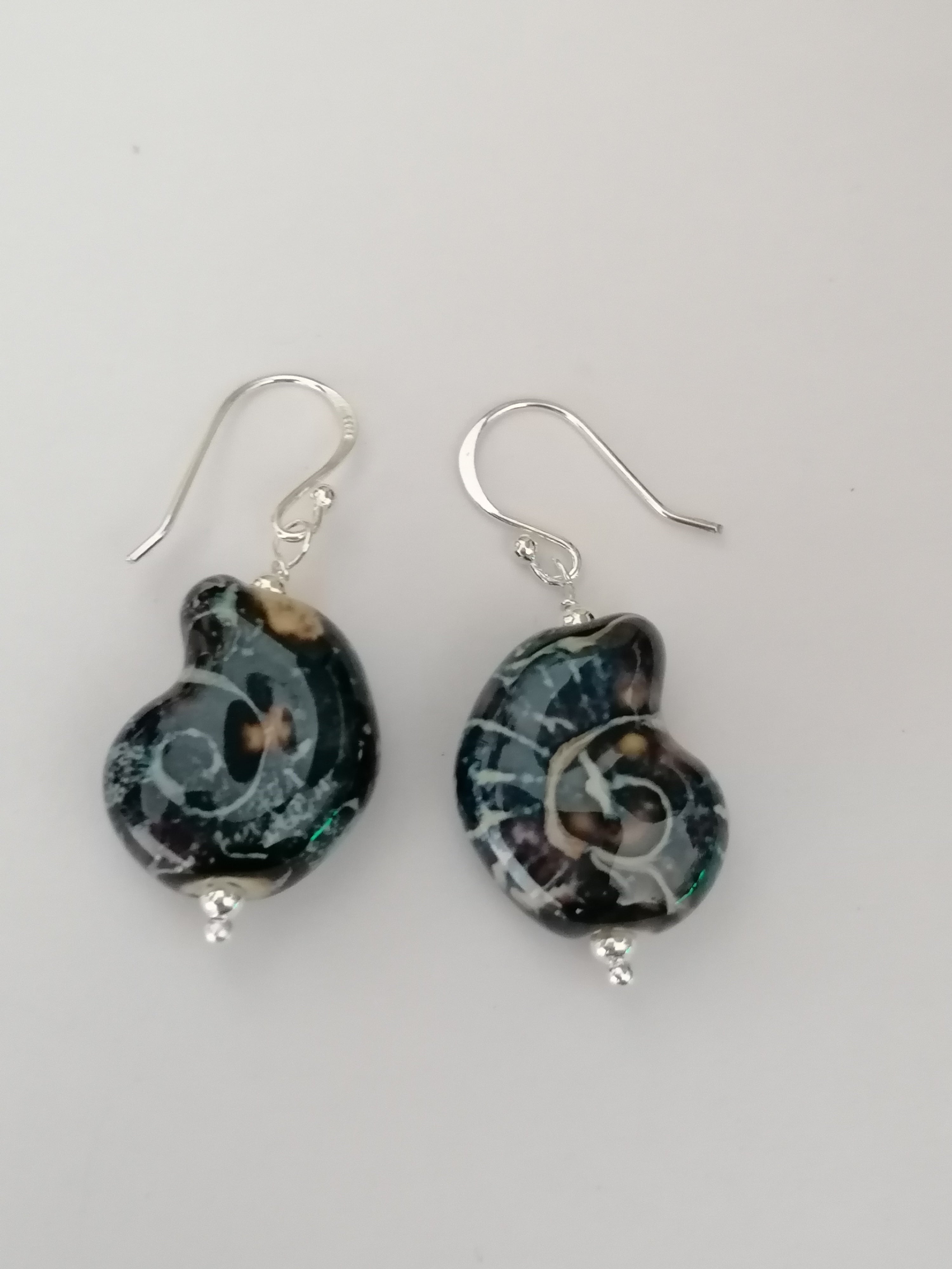 925 Sterling Silver Ceramic Nautilus Shell Drop Earrings