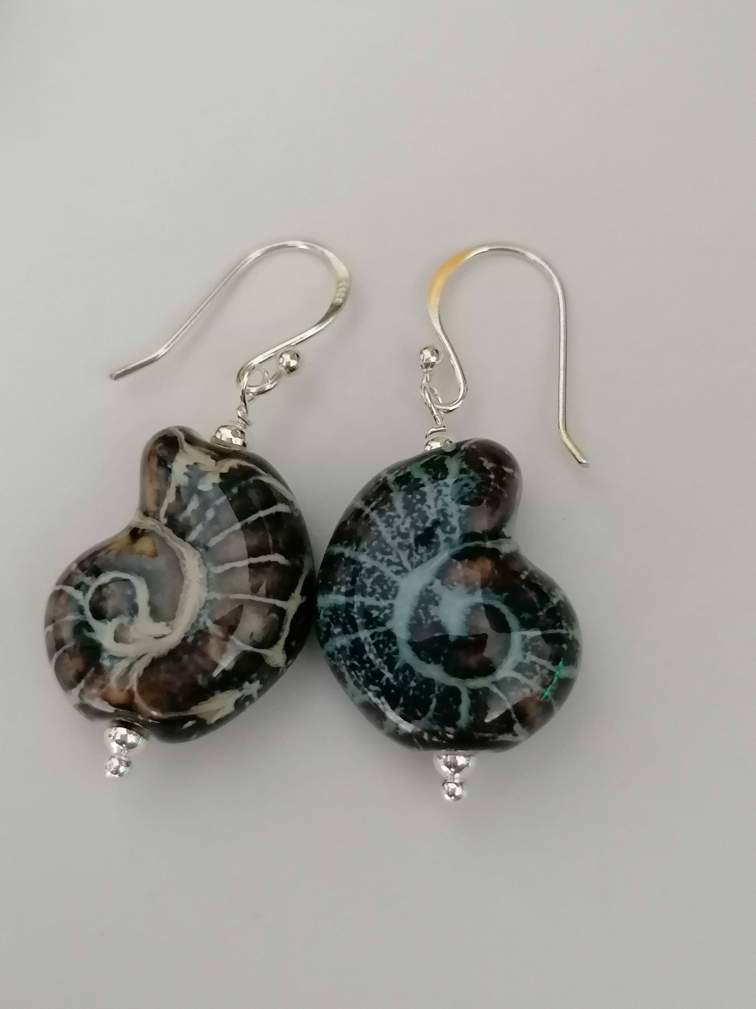 925 Sterling Silver Ceramic Nautilus Shell Drop Earrings