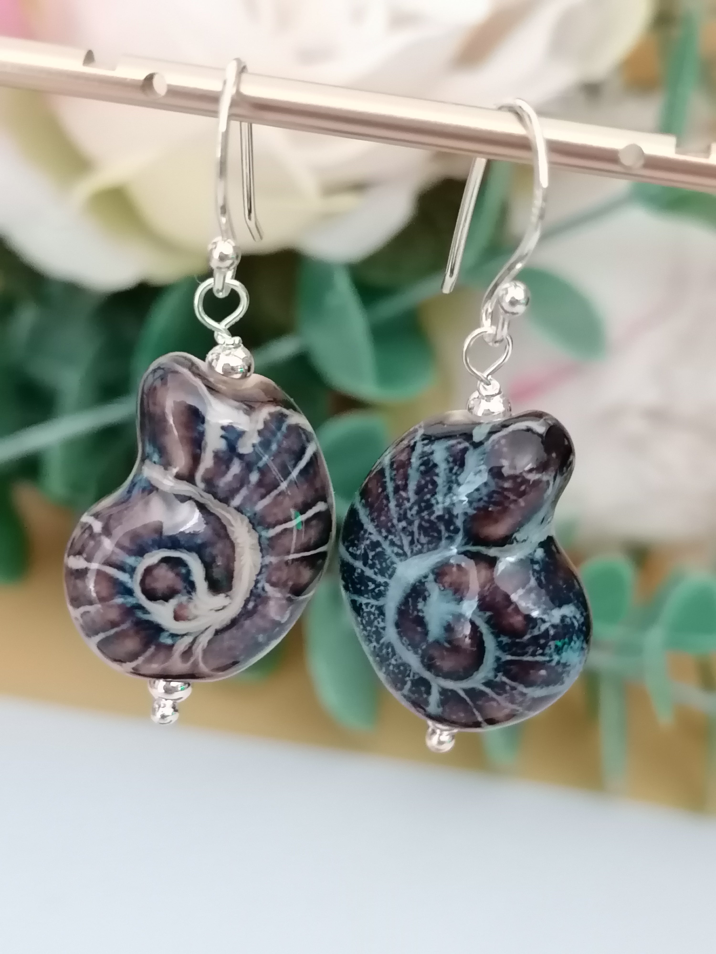 925 Sterling Silver Ceramic Nautilus Shell Drop Earrings