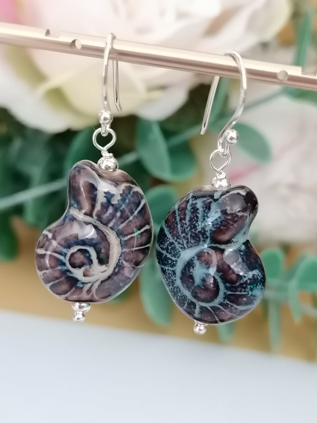 925 Sterling Silver Ceramic Nautilus Shell Drop Earrings