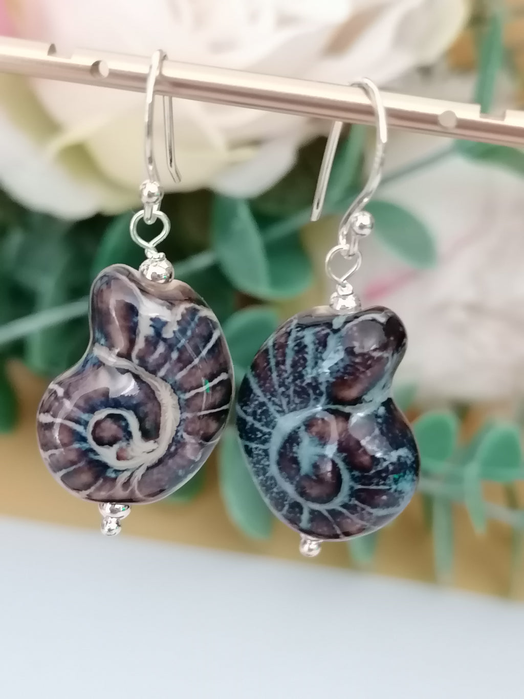 925 Sterling Silver Ceramic Nautilus Shell Drop Earrings