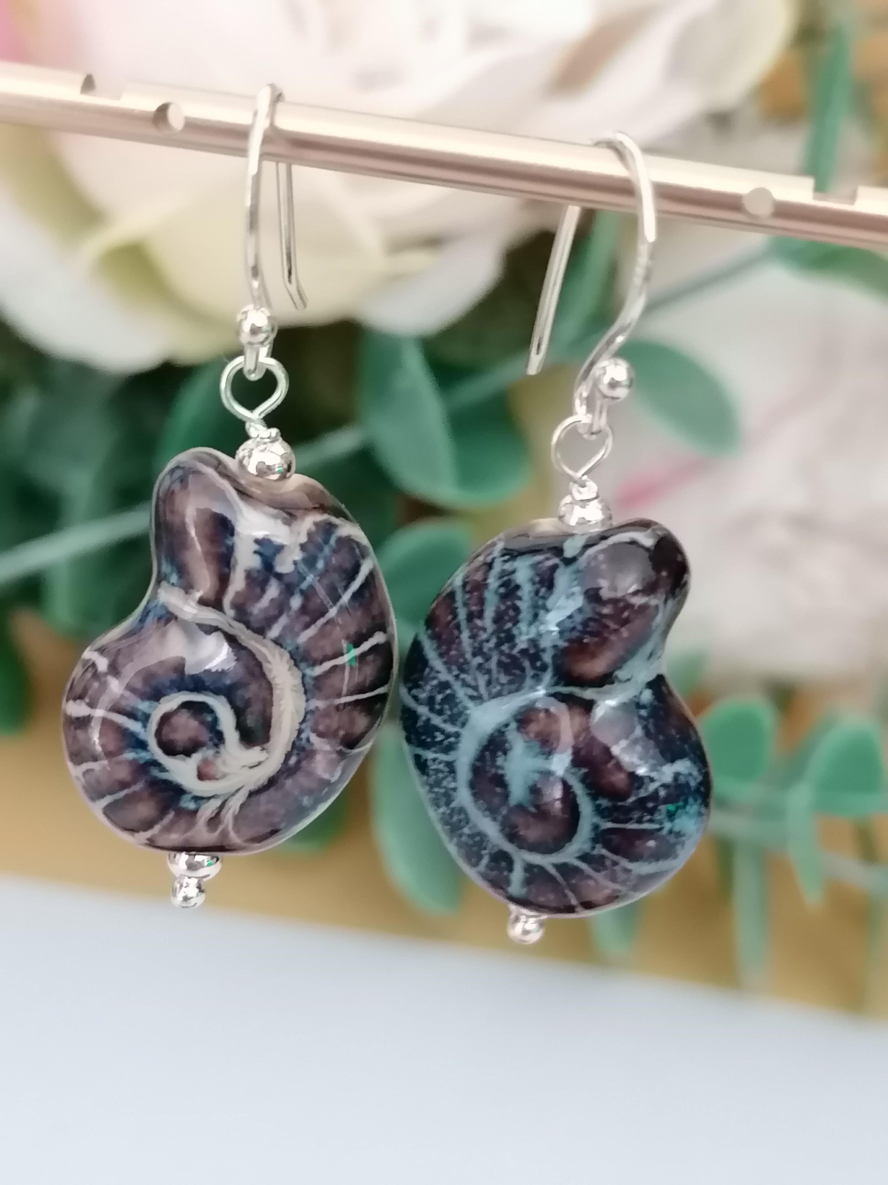 925 Sterling Silver Ceramic Nautilus Shell Drop Earrings