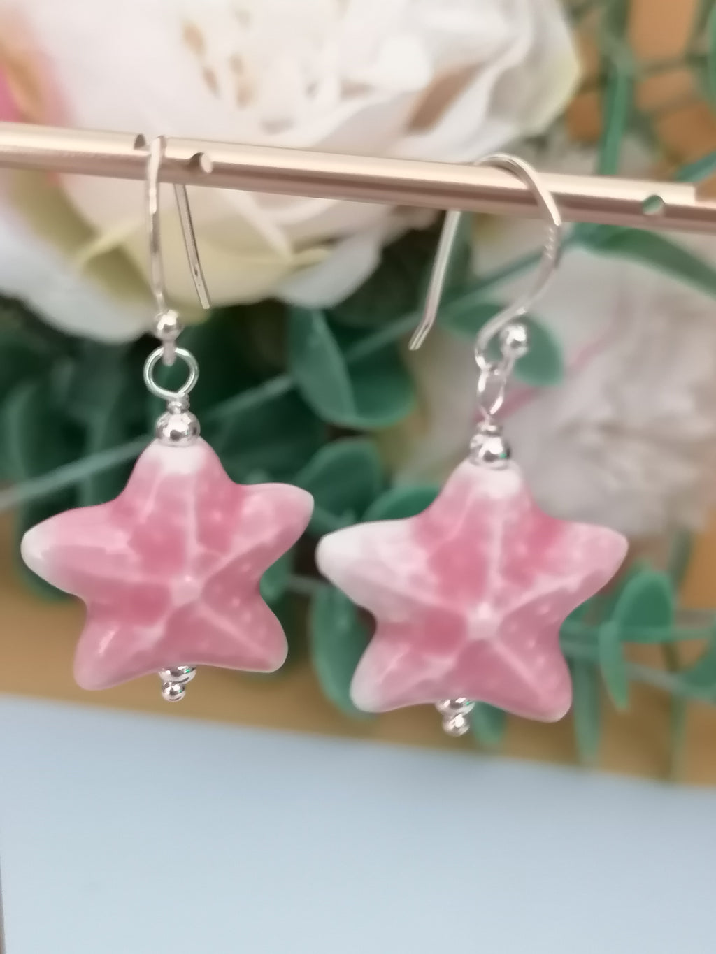 925 Sterling Silver Pink Ceramic Starfish Drop Earrings