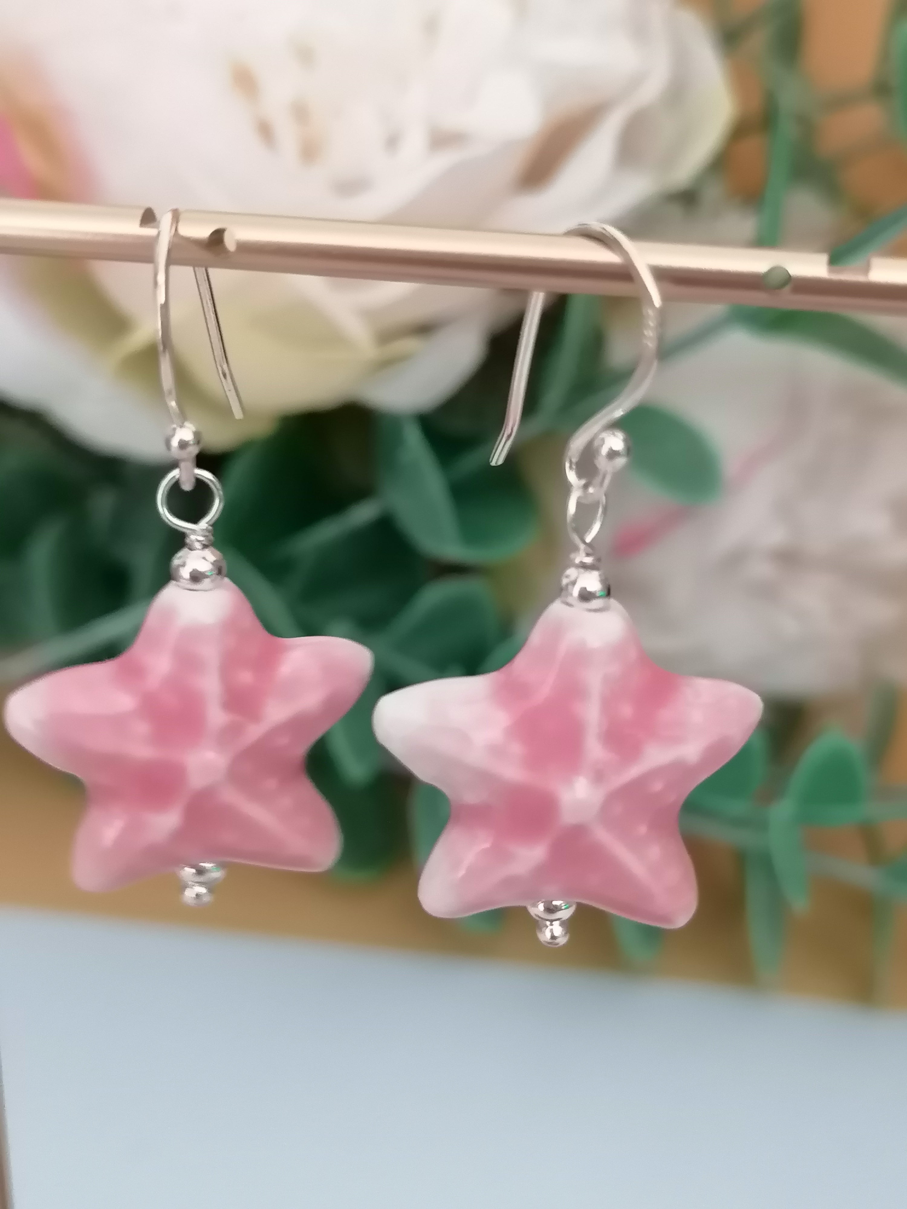 925 Sterling Silver Pink Ceramic Starfish Drop Earrings
