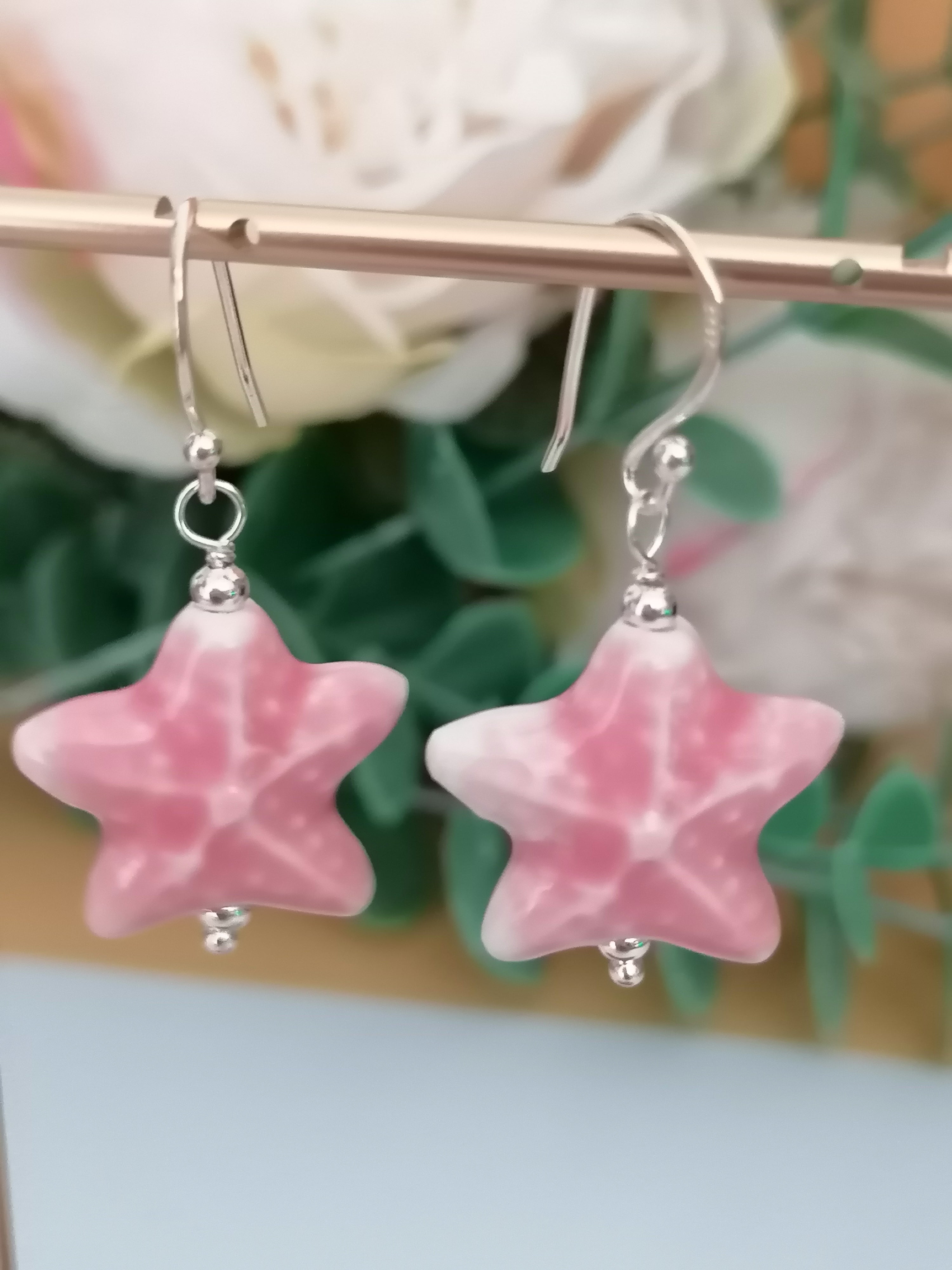 925 Sterling Silver Pink Ceramic Starfish Drop Earrings
