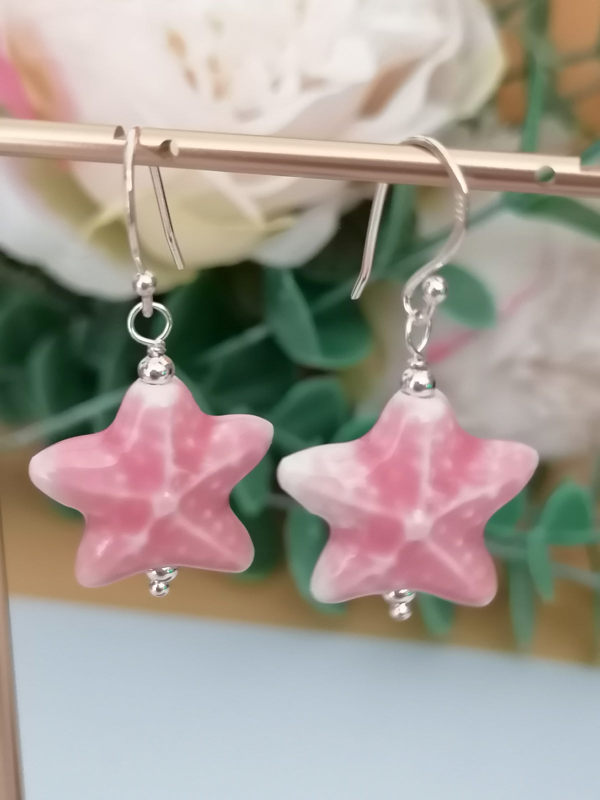 925 Sterling Silver Pink Ceramic Starfish Drop Earrings