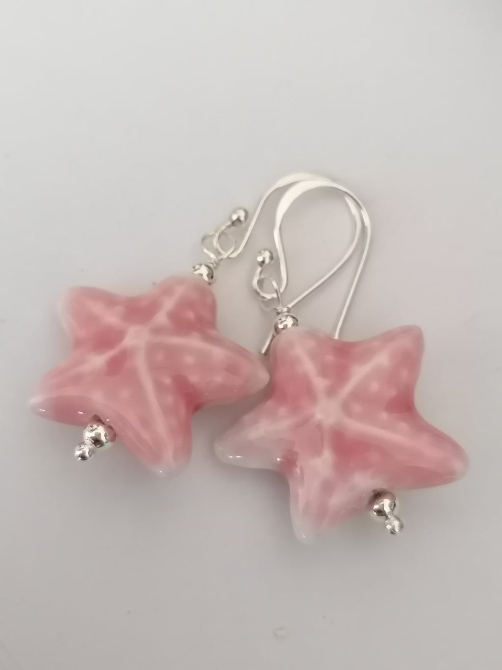 925 Sterling Silver Pink Ceramic Starfish Drop Earrings