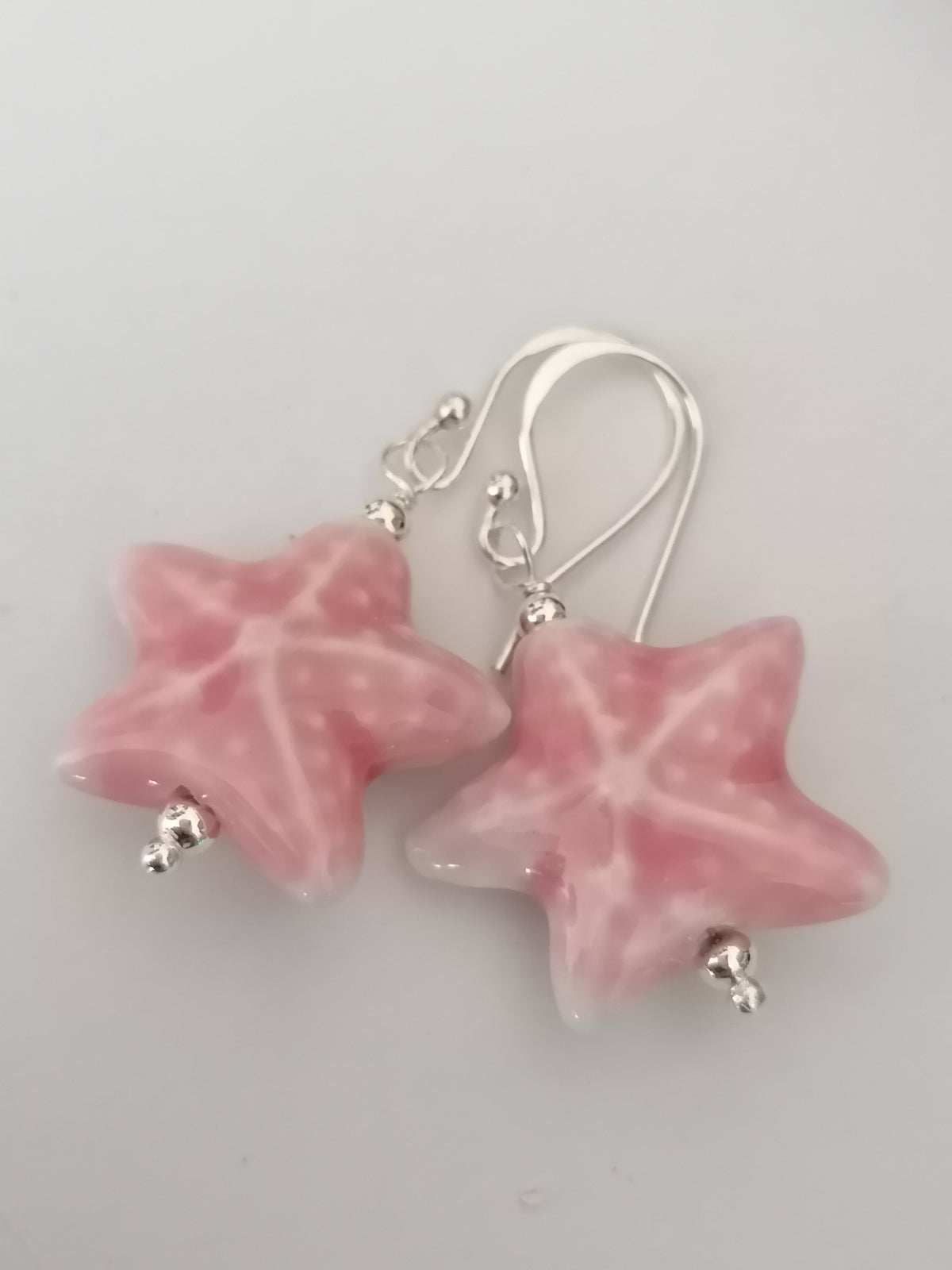 925 Sterling Silver Pink Ceramic Starfish Drop Earrings