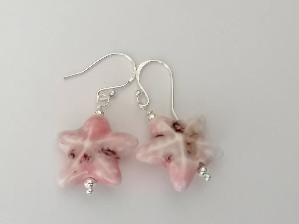 925 Sterling Silver Pink Ceramic Starfish Drop Earrings
