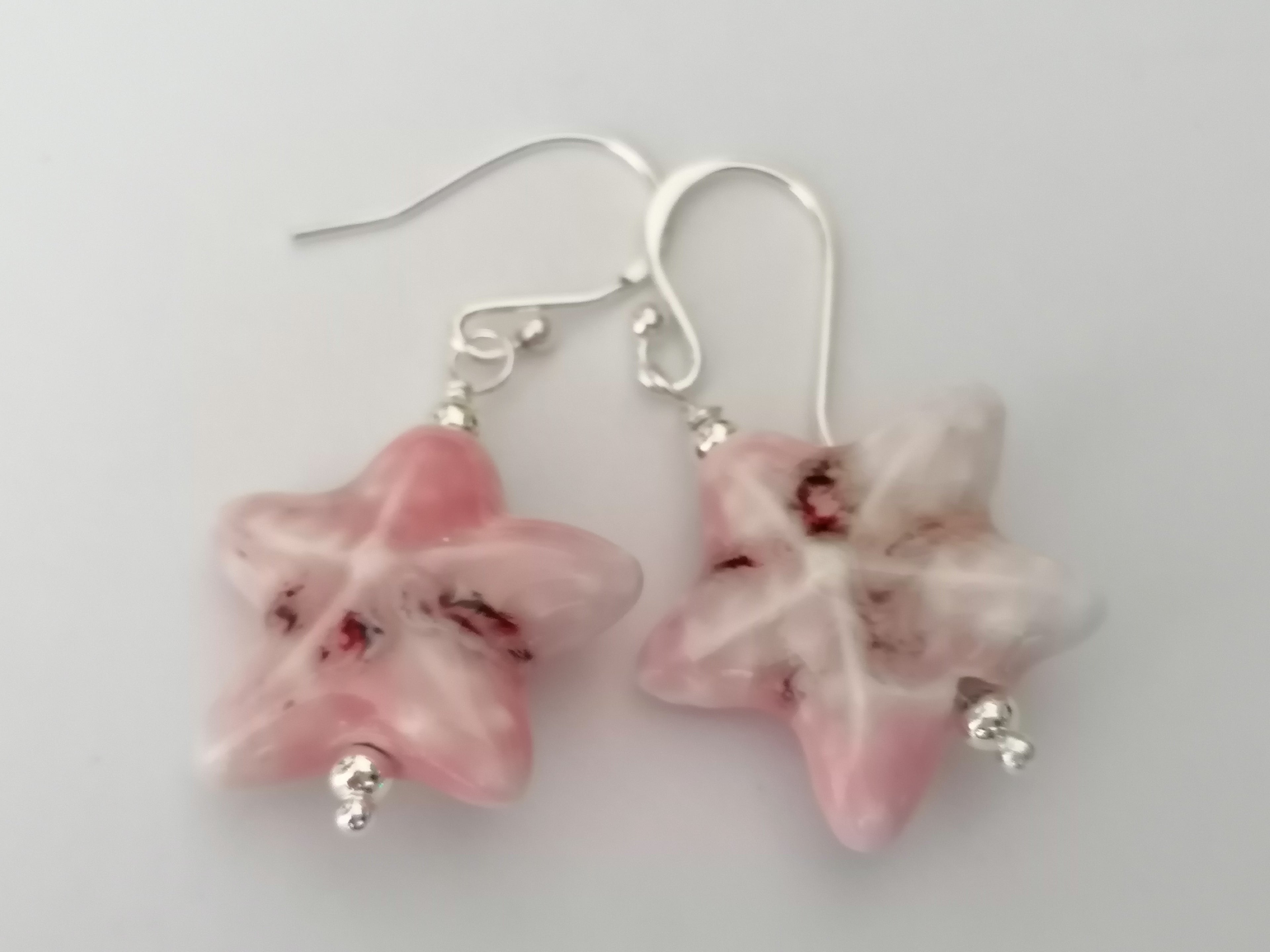 925 Sterling Silver Pink Ceramic Starfish Drop Earrings