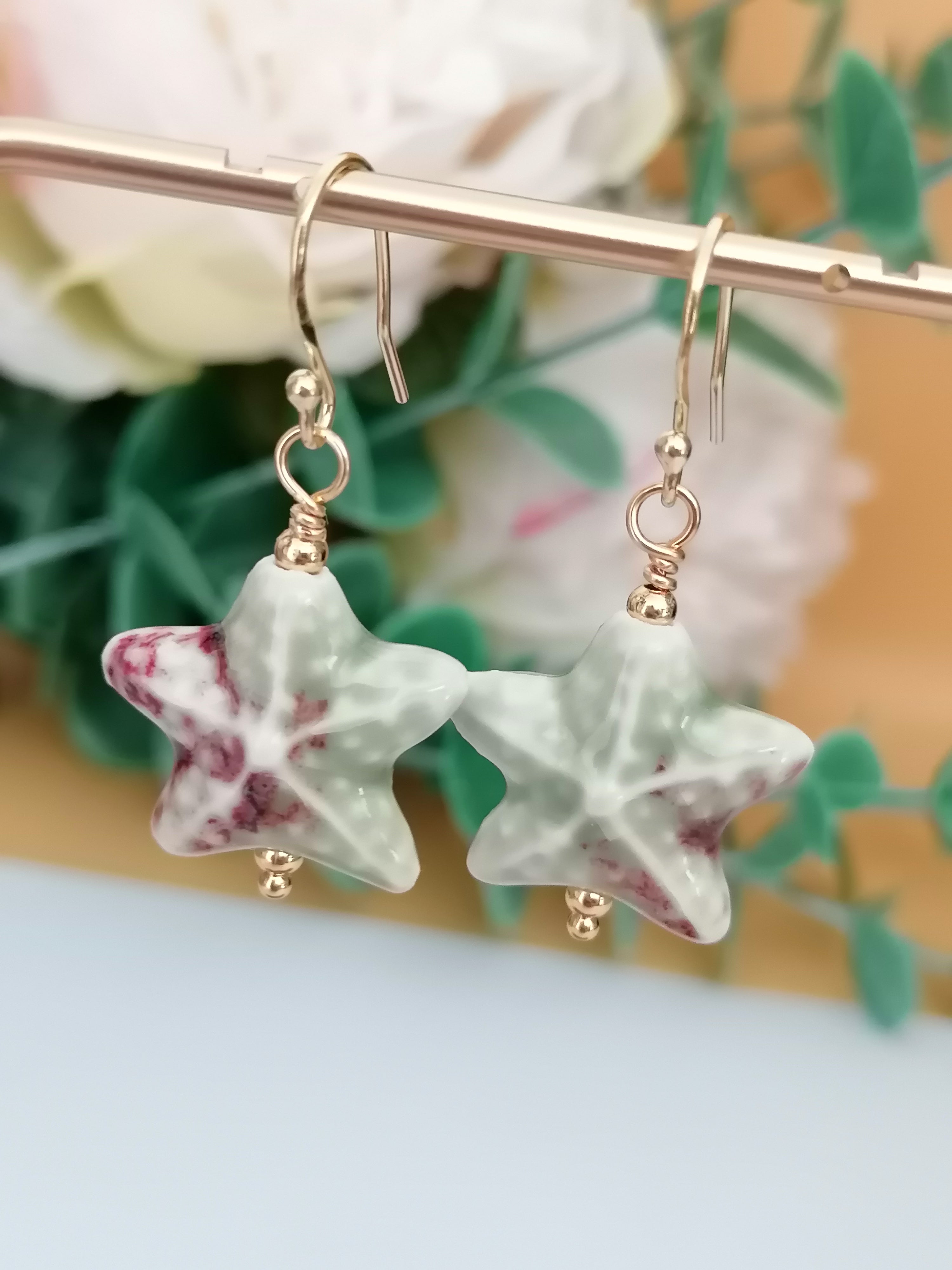 24ct Gold Vermeil 925 Sterling Silver Pastel Green Ceramic Starfish Drop Earrings