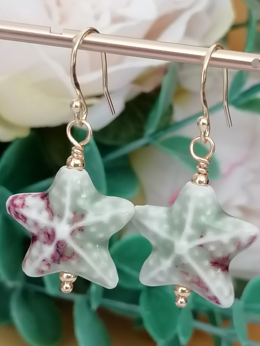 24ct Gold Vermeil 925 Sterling Silver Pastel Green Ceramic Starfish Drop Earrings
