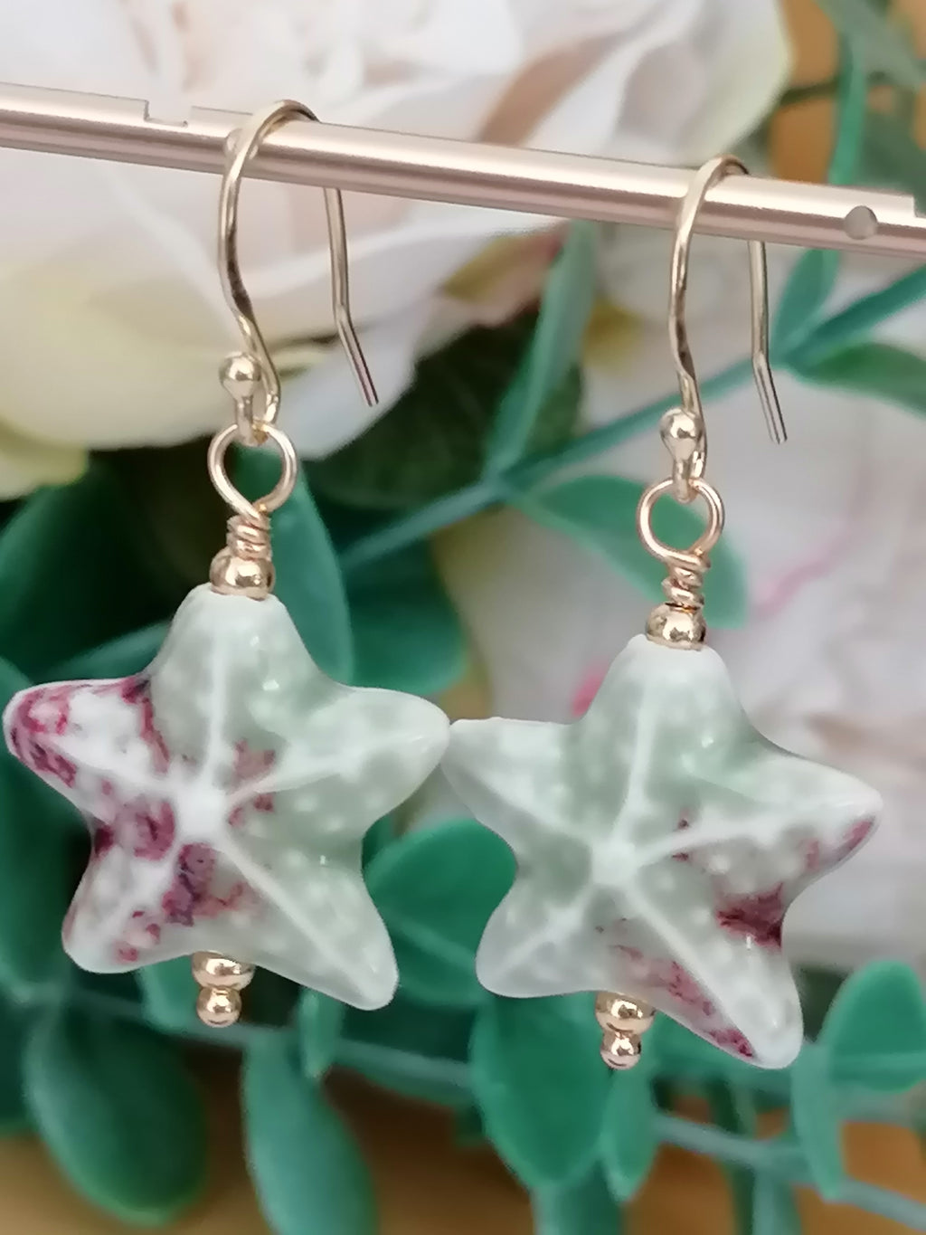 24ct Gold Vermeil 925 Sterling Silver Pastel Green Ceramic Starfish Drop Earrings