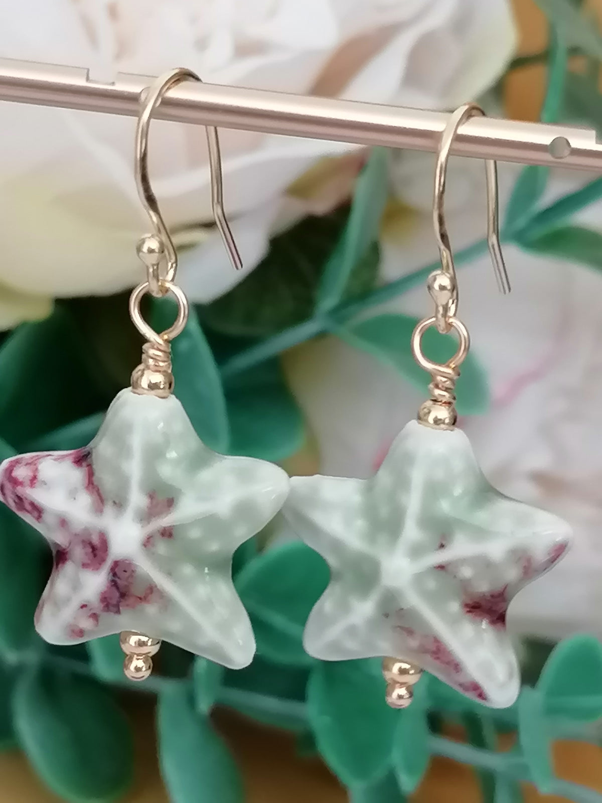 24ct Gold Vermeil 925 Sterling Silver Pastel Green Ceramic Starfish Drop Earrings
